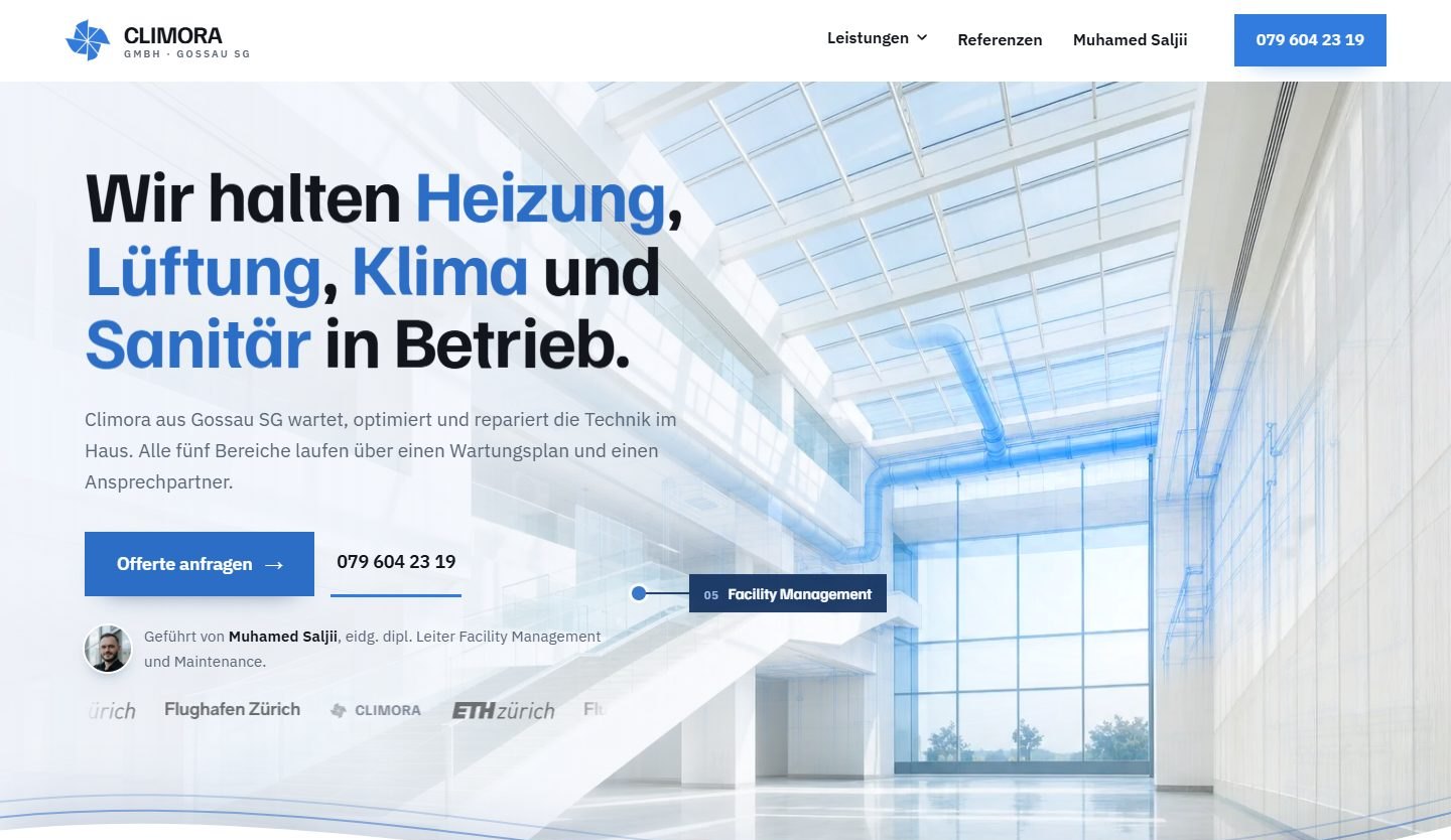Neue Startseite von Climora: Überschrift, Offerte-Knopf, Telefonnummer, Muhamed Saljii mit Flughafen Zürich und ETH Zürich