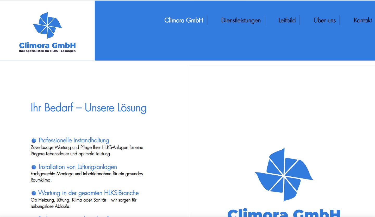 Alte Startseite von Climora: Baukasten-Vorlage mit grossem Logo und Aufzählung